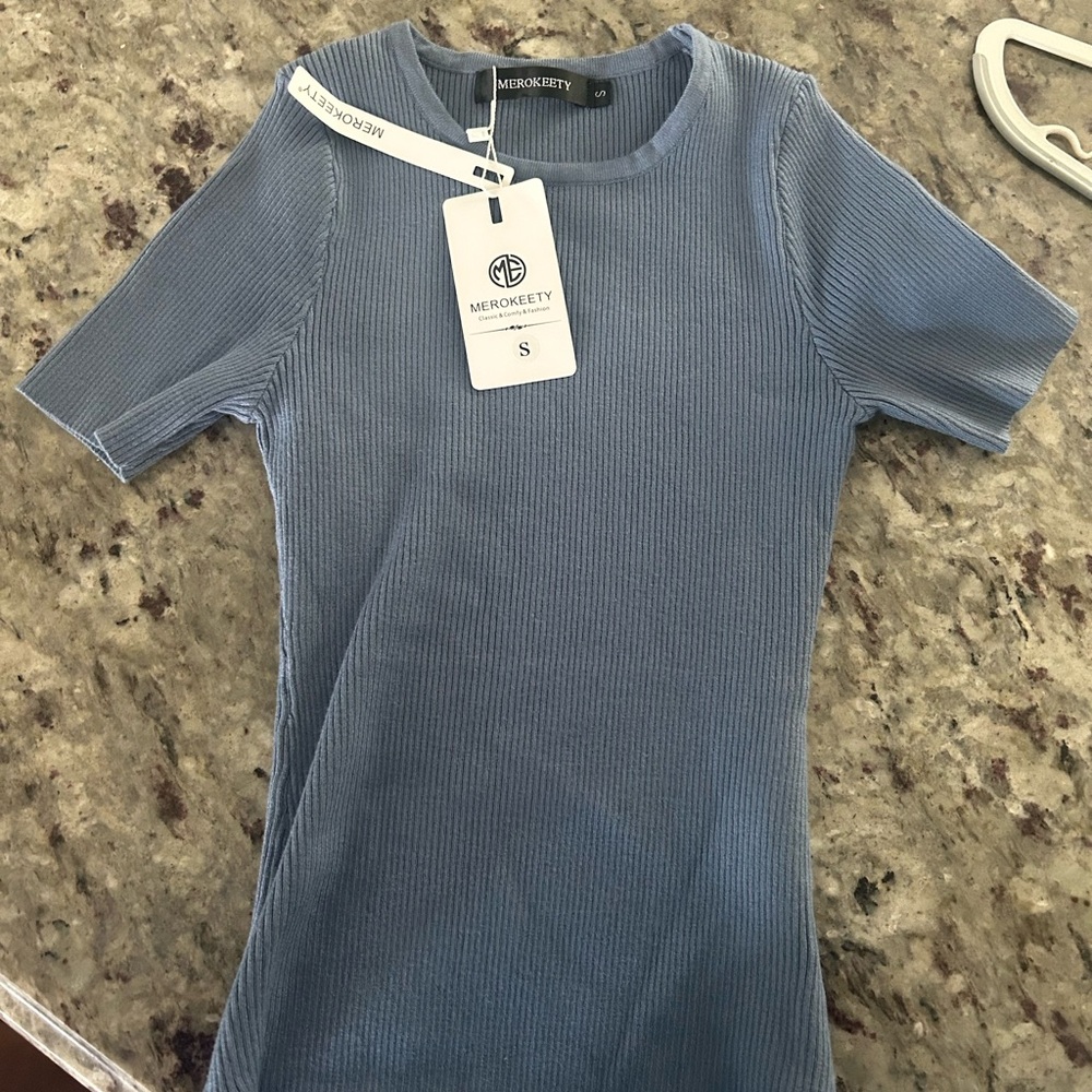 MEROKEETY Blue Ribbed Short Sleeve Top
